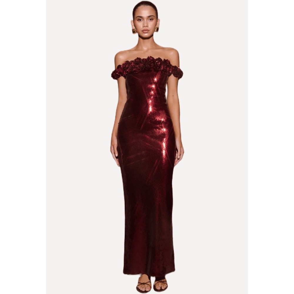MESHKI Carrie Mahogany Sequin Rose Off Shoulder Maxi Evening Gown Size S